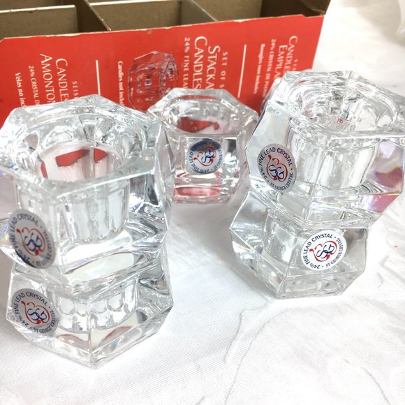 Vintage St George Lead Crystal Stackable Candlestick Holder 6 pc Set New In Box - Picture 5 of 9